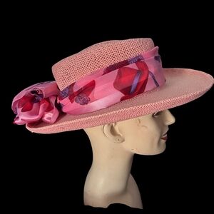 Chic Pink Women's Boater Hat with Red And Pink Scarf